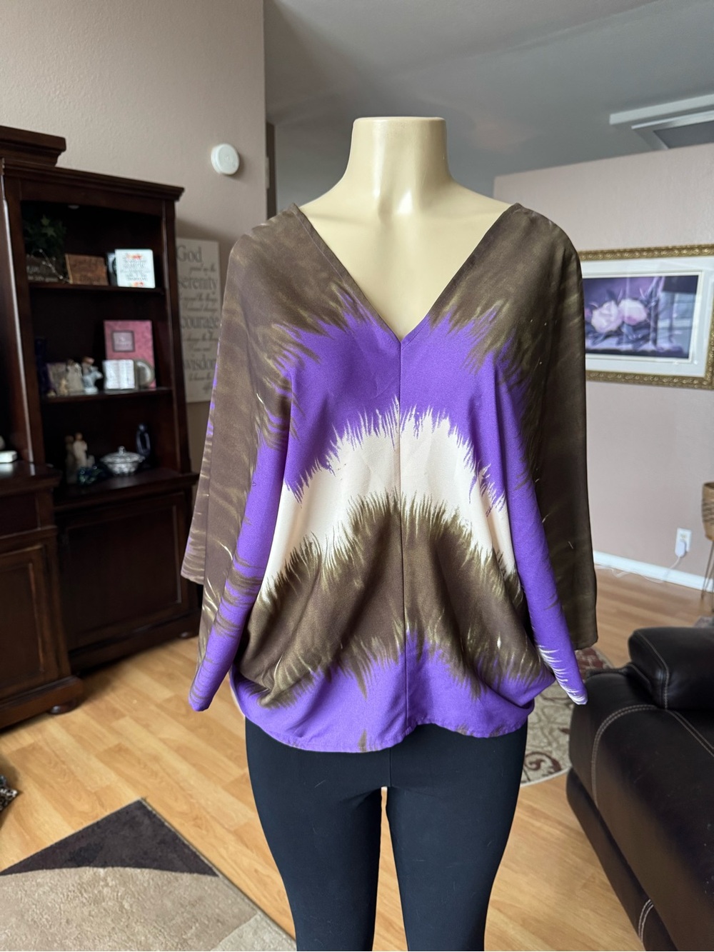 RaMona LaRue purple, brown & cream loose short sleeve V-neck silky blouse-M